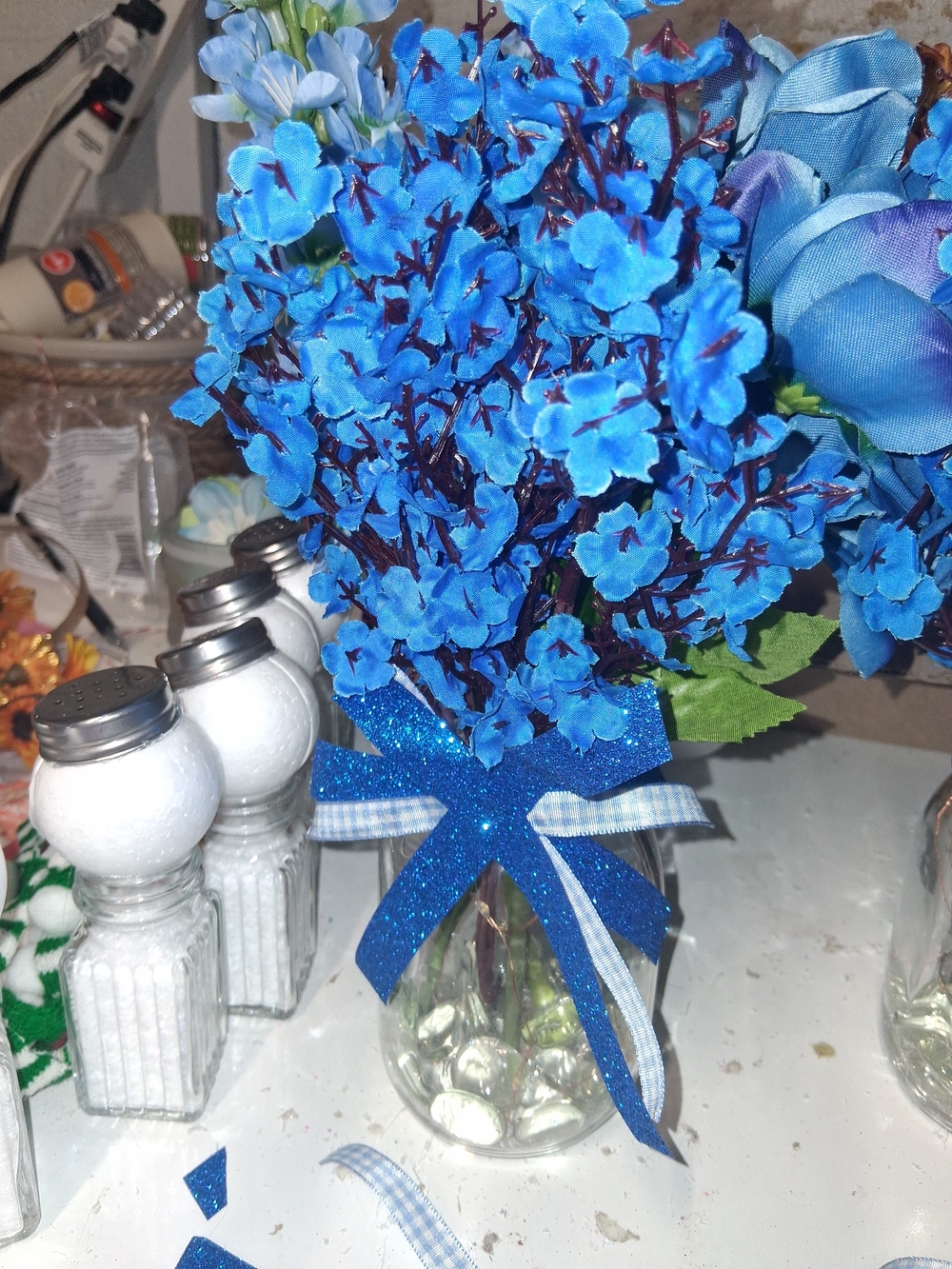 Blue Artificial Hydrangea Bouquet with Blue Ribbon -